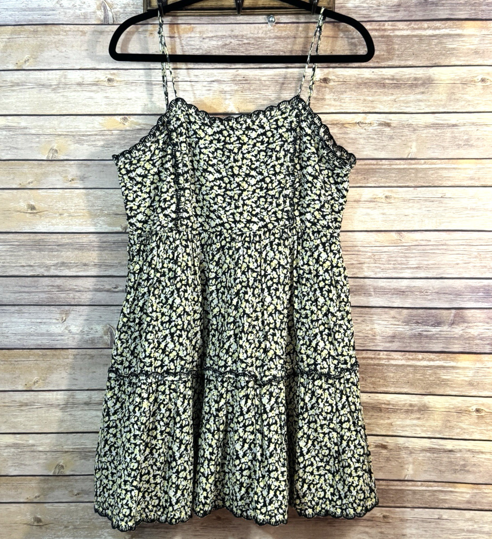 Urban Outfitters Black Yellow Floral 100% Cotton Hanna Scallop Babydoll Dress S
